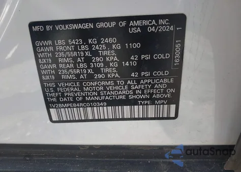 2024 Volkswagen Id.4 Standard из США, поврежденный, VIN 1V2BMPE84RC010349